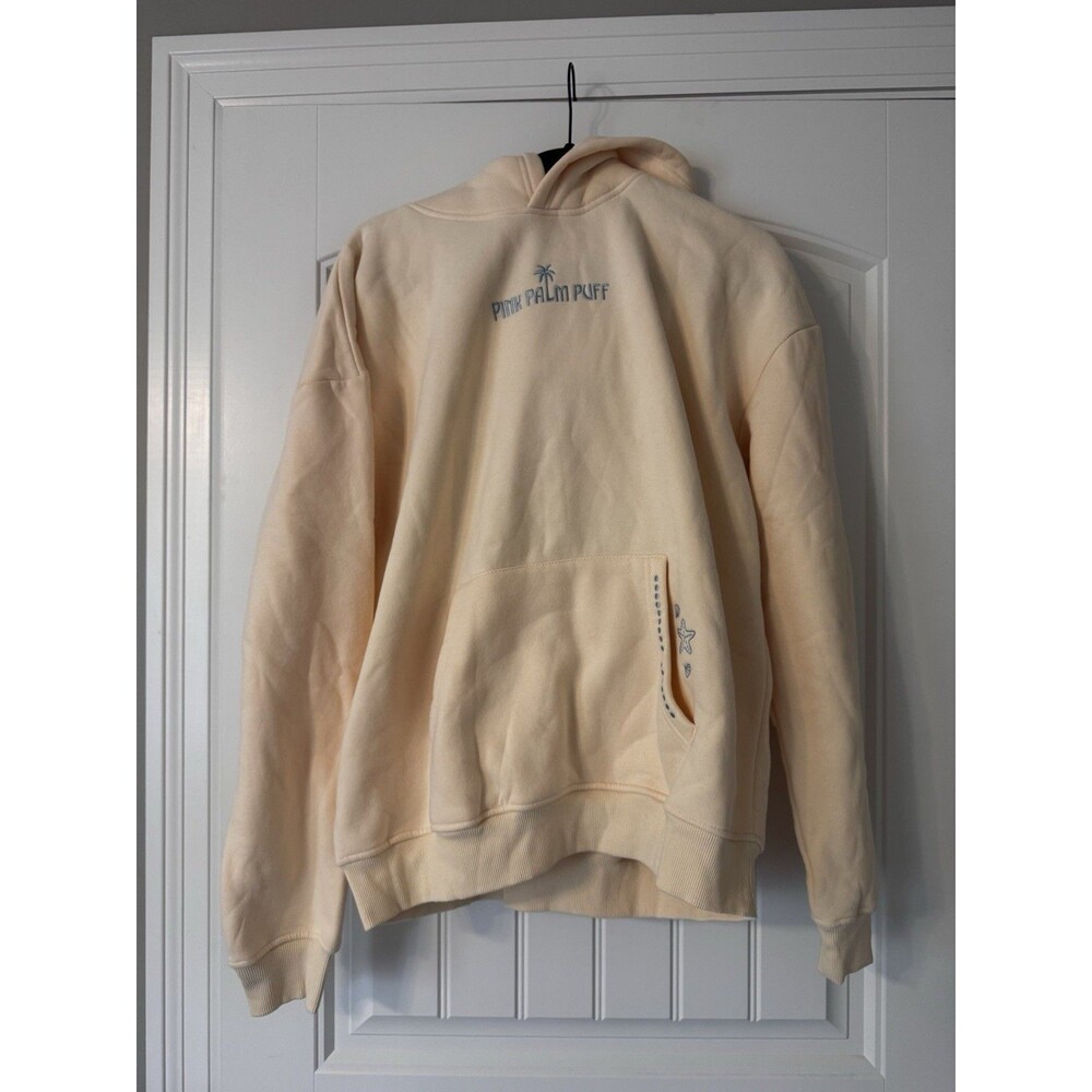 Pink Palm Puff Hoodie Womens L Live In The Moment Embroidered Coastal Cream